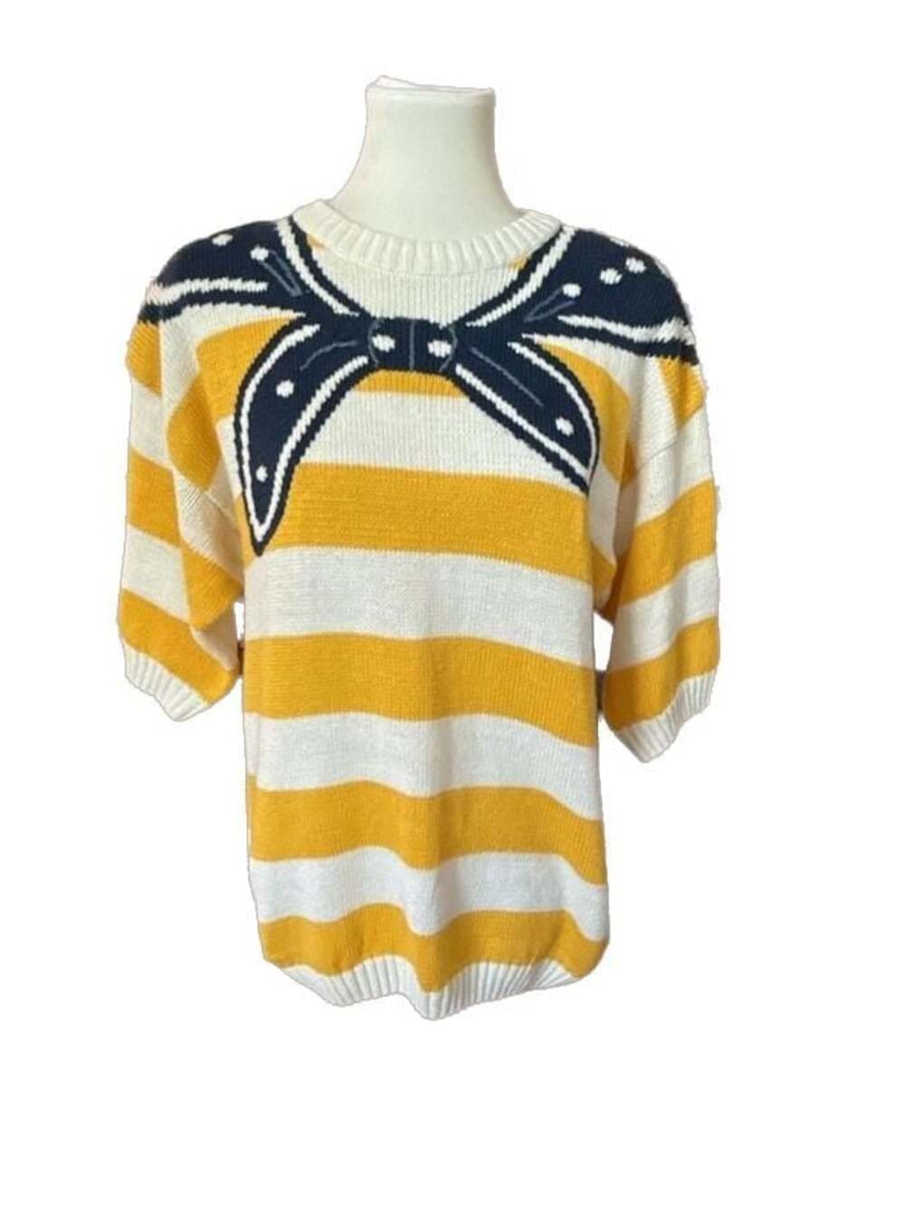 Vintage French Navy Striped Knit Sweater with Bow Detail, Size L